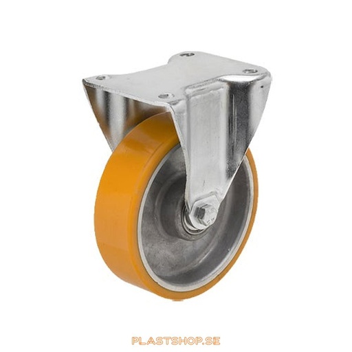 [P2005211] Fixed bracket, plate, wheel diameter 100 mm, building height 130 mm, hub in Aluminium with soft track in Polyuretan, orange färg. 200 kg load capacity, dubbla ball bearings