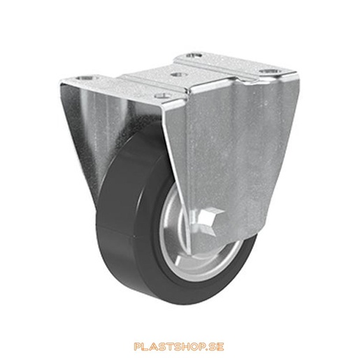 [P2005223] Fixed bracket, plate, wheel diameter 100 mm, building height 128 mm, hub in Aluminium with soft track in Elastiskt Gummi, svart. 225 kg load capacity, dubbla ball bearings