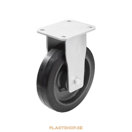 [P2005226] Fixed bracket, plate, wheel diameter 100 mm, building height 145 mm, hub in Gjutjärn with soft track in Elastiskt Gummi, svart. 210 kg load capacity, dubbla ball bearings