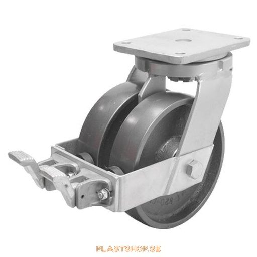 [P2005835] Link wheel, with wheel brake, plate, wheel diameter 200 mm, building height 264 mm, hard wheel in solid Gjutjärn. 1800 kg load capacity, dubbla ball bearings