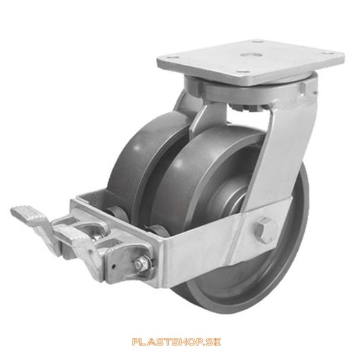 [P2005837] Link wheel, with wheel brake, plate, wheel diameter 200 mm, building height 264 mm, hard wheel in solid Stål. 2500 kg load capacity, dubbla ball bearings