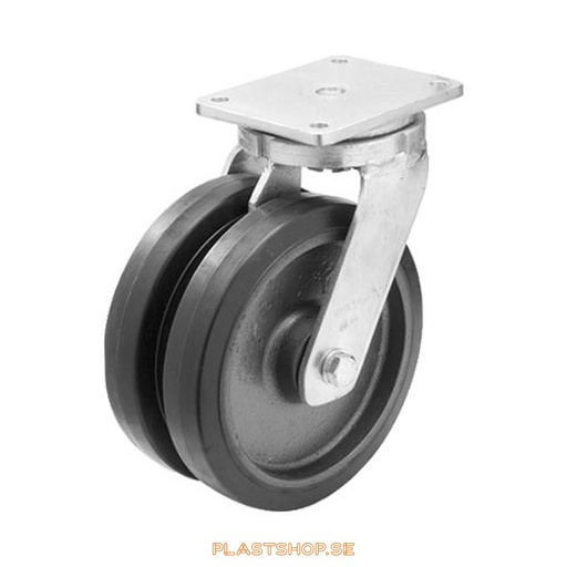 [P2005842] Link wheel, without brake, plate, wheel diameter 250 mm, building height 314 mm, hub in Gjutjärn with soft track in Elastiskt Gummi, svart. 900 kg load capacity, dubbla ball bearings