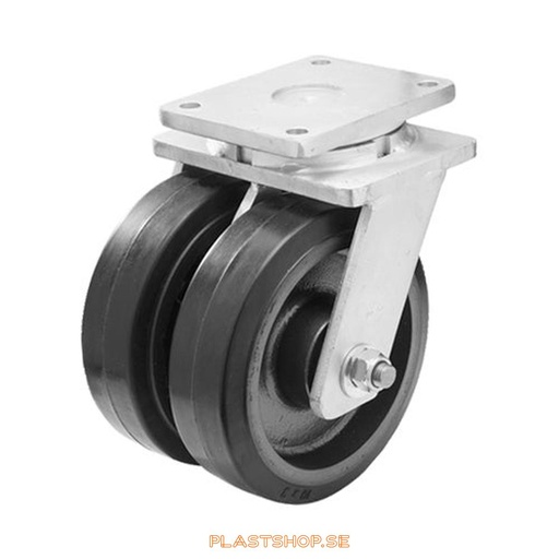 [P2005843] Link wheel, without brake, plate, wheel diameter 250 mm, building height 314 mm, hub in Gjutjärn with soft track in Elastiskt Gummi, svart. 1350 kg load capacity, dubbla ball bearings