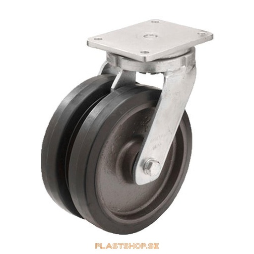 [P2005852] Link wheel, without brake, plate, wheel diameter 300 mm, building height 365 mm, hub in Gjutjärn with soft track in Elastiskt Gummi, svart. 1170 kg load capacity, dubbla ball bearings
