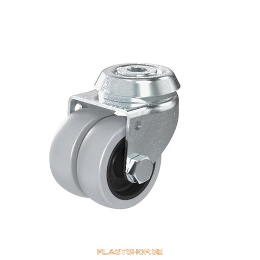 [P2005862] Länkhjul, utan broms, centrumhål, hjuldiameter 50 mm, bygghöjd 70 mm, nav i Polypropen (PP) med mjuk bana i TPE, grå färg. 70 kg bärighet, skruv