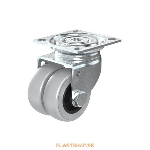 [P2005863] Länkhjul, utan broms, platta, hjuldiameter 50 mm, bygghöjd 70 mm, nav i Polypropen (PP) med mjuk bana i TPE, grå färg. 70 kg bärighet, skruv