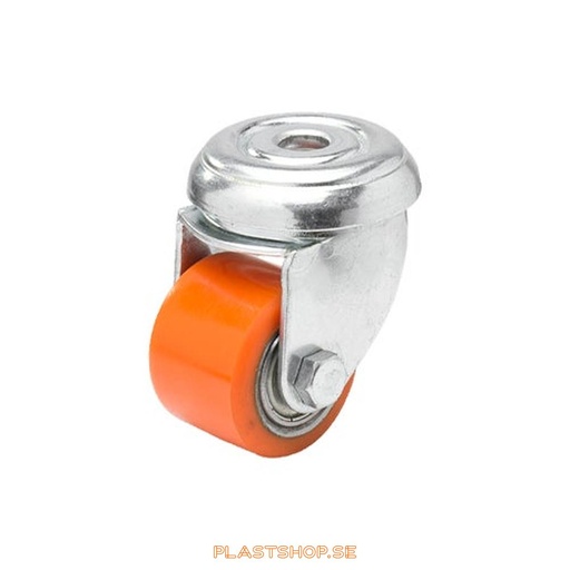 [P2005865] Länkhjul, utan broms, centrumhål, hjuldiameter 35 mm, bygghöjd 58 mm, nav i Gjutjärn med mjuk bana i Polyuretan, orange färg. 100 kg bärighet, dubbla kullager