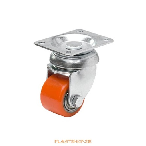 [P2005866] Link wheel, without brake, plate, wheel diameter 35 mm, building height 66 mm, hub in Gjutjärn with soft track in Polyuretan, orange färg. 100 kg load capacity, dubbla ball bearings