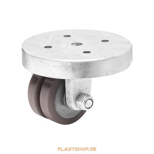 [P2005868] Länkhjul, utan broms, platta, hjuldiameter 50 mm, bygghöjd 64 mm, nav i Gjutjärn med mjuk bana i Polyuretan, orange färg. 160 kg bärighet, glidlager