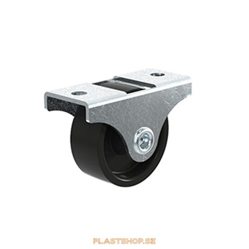 [P2005901] Wheel, plate, wheel diameter 30 mm, building height 31 mm, hard wheel in solid Polypropen (PP), black color. 25 kg load capacity, riveted axle