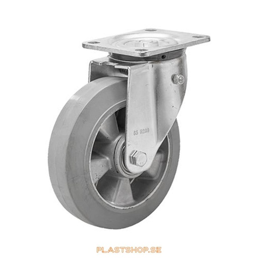 [P2005937] Link wheel, without brake, plate, wheel diameter 200 mm, building height 239 mm, hub in Aluminium with soft track in Elastiskt Gummi, grå. 450 kg load capacity, dubbla ball bearings