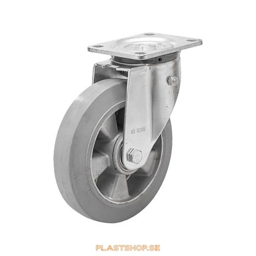 [P2005945] Länkhjul, utan broms, platta, hjuldiameter 150 mm, bygghöjd 194 mm, nav i Aluminium med mjuk bana i Elastiskt Gummi, grå färg. 300 kg bärighet, dubbla kullager