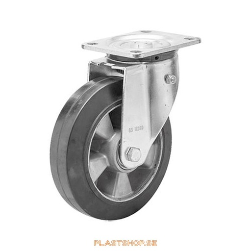 [P2005946] Link wheel, without brake, plate, wheel diameter 160 mm, building height 199 mm, hub in Aluminium with soft track in Elastiskt Gummi, svart. 350 kg load capacity, dubbla ball bearings
