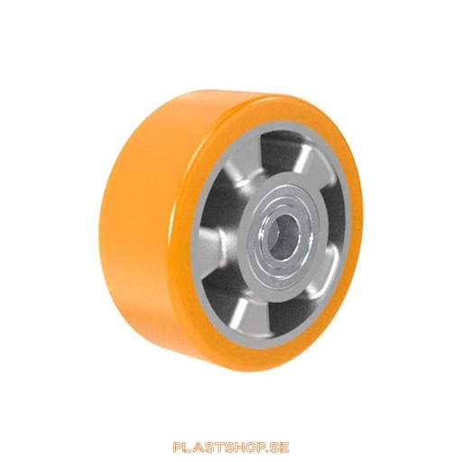 [P2006435] Hjul, hjuldiameter 125 mm, nav i Aluminium med mjuk bana i Polyuretan, orange färg. 450 kg bärighet, dubbla kullager