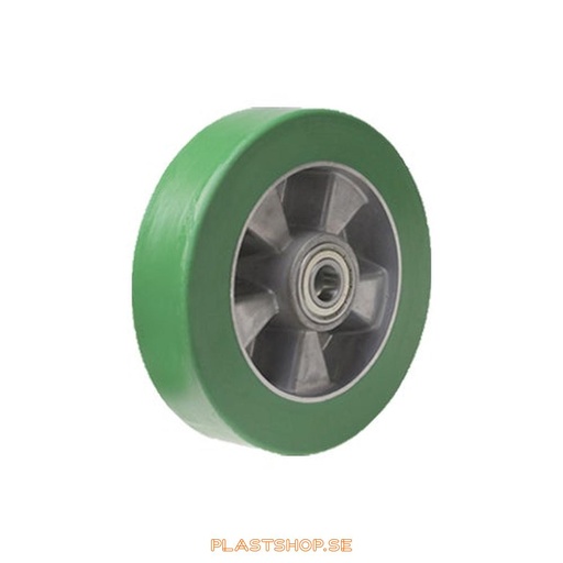 [P2006444] Wheel, wheel diameter 125 mm, hub in Aluminium with soft track in Elastiskt Polyuretan, grön färg. 400 kg load capacity, dubbla ball bearings