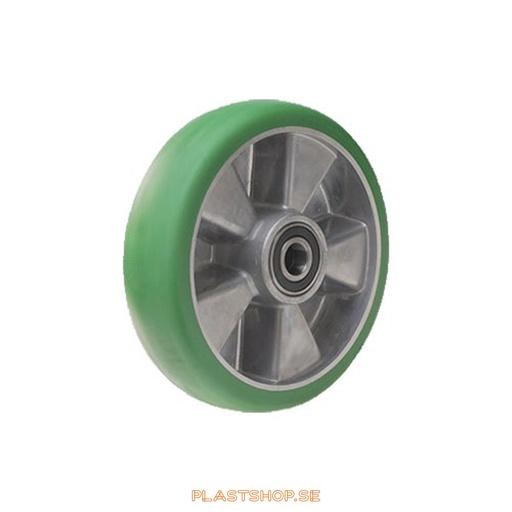 [P2006447] Wheel, wheel diameter 125 mm, hub in Aluminium with soft track in Elastiskt Polyuretan, grön färg. 400 kg load capacity, dubbla ball bearings