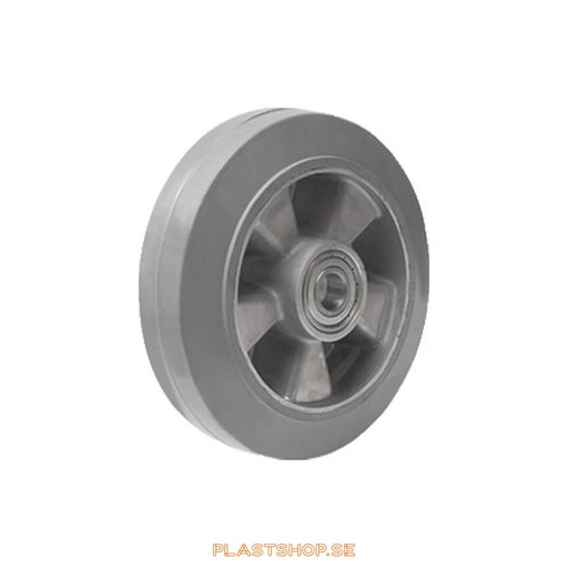 [P2006449] Hjul, hjuldiameter 125 mm, nav i Aluminium med mjuk bana i Elastiskt Gummi, grå färg. 225 kg bärighet, dubbla kullager