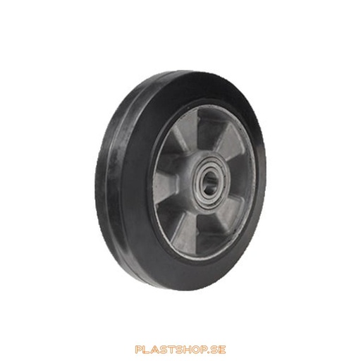 [P2006450] Hjul, hjuldiameter 125 mm, nav i Aluminium med mjuk bana i Elastiskt Gummi, svart färg. 225 kg bärighet, dubbla kullager