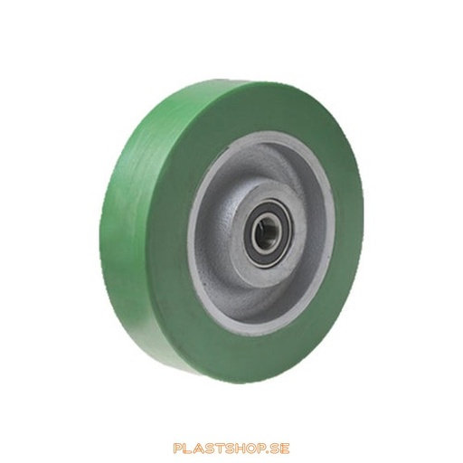 [P2006470] Wheel, wheel diameter 150 mm, hub in Gjutjärn with soft track in Elastiskt Polyuretan, grön färg. 450 kg load capacity, dubbla ball bearings