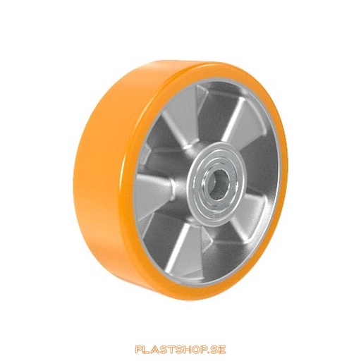 [P2006480] Wheel, wheel diameter 160 mm, hub in Aluminium with soft track in Polyuretan, orange färg. 600 kg load capacity, dubbla ball bearings