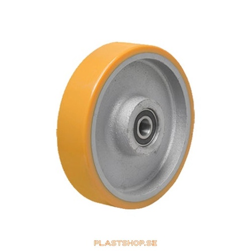 [P2006481] Wheel, wheel diameter 160 mm, hub in Gjutjärn with soft track in Polyuretan, orange färg. 750 kg load capacity, dubbla ball bearings
