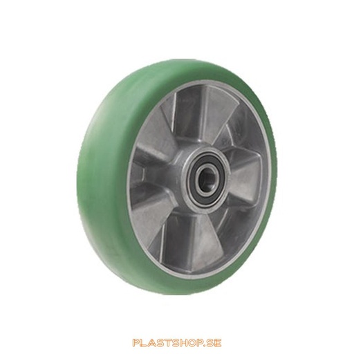 [P2006487] Wheel, wheel diameter 160 mm, hub in Aluminium with soft track in Elastiskt Polyuretan, grön färg. 550 kg load capacity, dubbla ball bearings