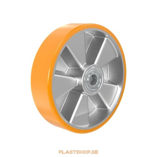 [P2006500] Hjul, hjuldiameter 200 mm, nav i Aluminium med mjuk bana i Polyuretan, orange färg. 800 kg bärighet, dubbla kullager