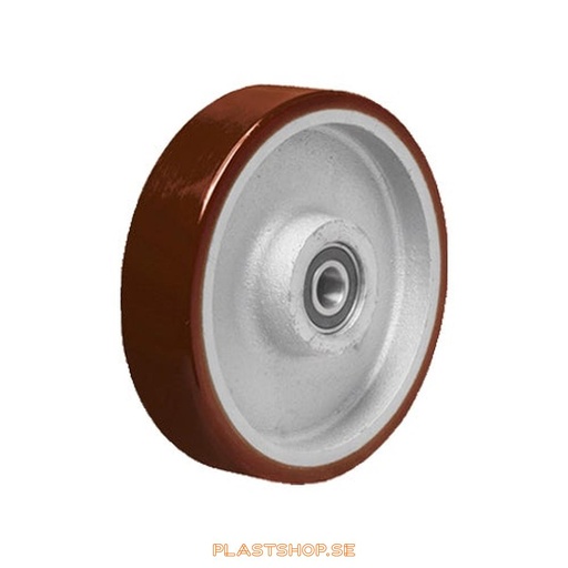 [P2006502] Hjul, hjuldiameter 200 mm, nav i Gjutjärn med mjuk bana i Polyuretan, röd färg. 1000 kg bärighet, dubbla kullager