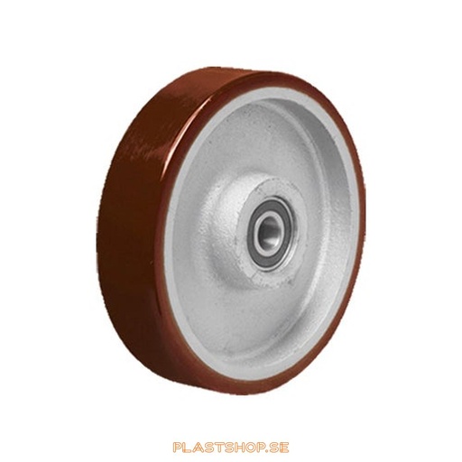 [P2006503] Hjul, hjuldiameter 200 mm, nav i Gjutjärn med mjuk bana i Polyuretan, röd färg. 1400 kg bärighet, dubbla kullager