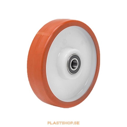 [P2006505] Hjul, hjuldiameter 200 mm, nav i Nylon PA6 med mjuk bana i Polyuretan, röd färg. 750 kg bärighet, dubbla kullager