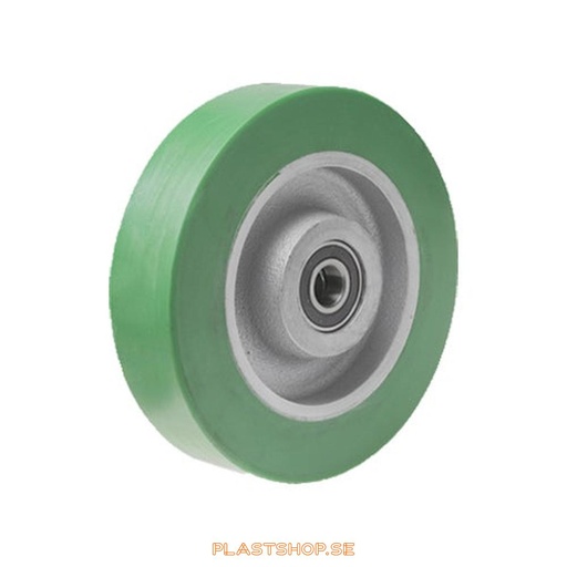 [P2006508] Wheel, wheel diameter 200 mm, hub in Gjutjärn with soft track in Elastiskt Polyuretan, grön färg. 700 kg load capacity, dubbla ball bearings