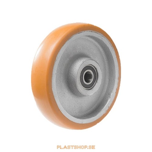 [P2006511] Wheel, wheel diameter 200 mm, hub in Gjutjärn with soft track in Elastiskt Polyuretan, brun färg. 800 kg load capacity, dubbla ball bearings
