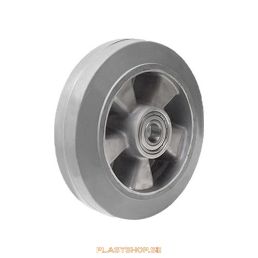 [P2006515] Hjul, hjuldiameter 200 mm, nav i Aluminium med mjuk bana i Elastiskt Gummi, grå färg. 450 kg bärighet, dubbla kullager