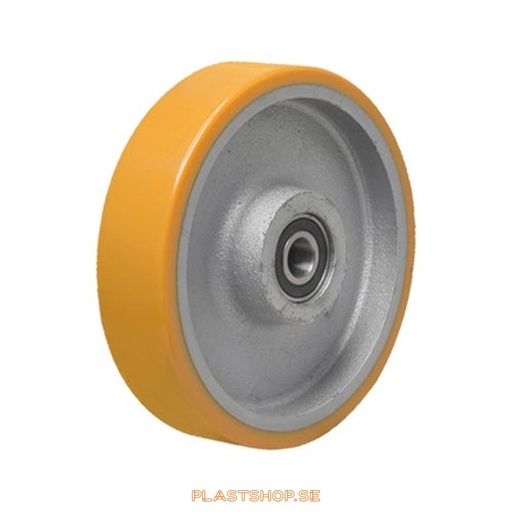 [P2006526] Wheel, wheel diameter 250 mm, hub in Gjutjärn with soft track in Polyuretan, orange färg. 1300 kg load capacity, dubbla ball bearings