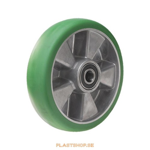 [P2006535] Wheel, wheel diameter 250 mm, hub in Aluminium with soft track in Elastiskt Polyuretan, grön färg. 750 kg load capacity, dubbla ball bearings