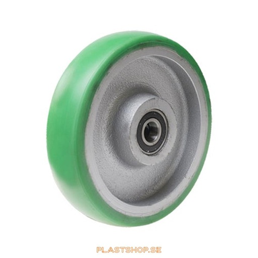 [P2006536] Wheel, wheel diameter 250 mm, hub in Gjutjärn with soft track in Elastiskt Polyuretan, grön färg. 750 kg load capacity, dubbla ball bearings