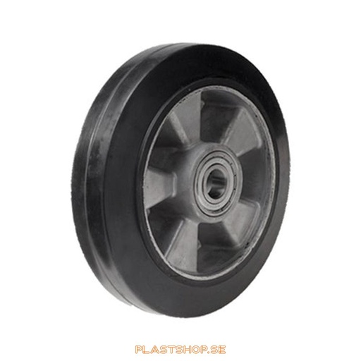 [P2006540] Hjul, hjuldiameter 250 mm, nav i Aluminium med mjuk bana i Elastiskt Gummi, svart färg. 550 kg bärighet, dubbla kullager