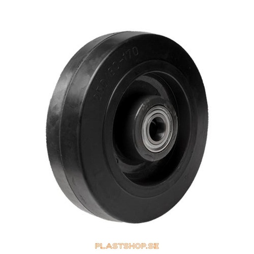 [P2006542] Hjul, hjuldiameter 250 mm, nav i Nylon PA6 med mjuk bana i Elastiskt Gummi, svart färg. 800 kg bärighet, dubbla kullager