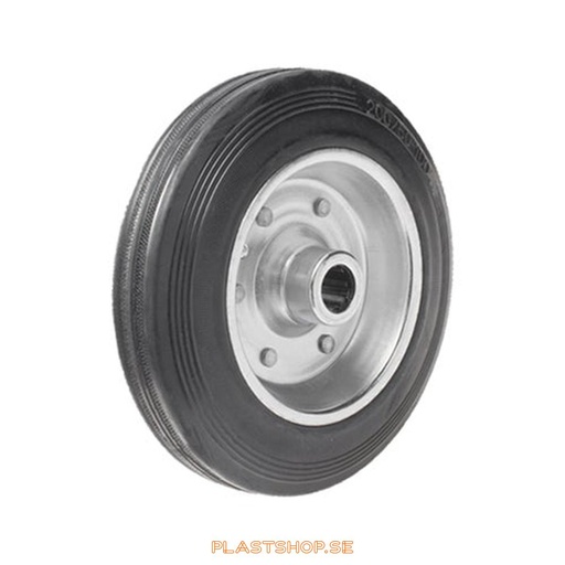 [P2006545] Hjul, hjuldiameter 250 mm, nav i Plåt med mjuk bana i Gummi, svart färg. 230 kg bärighet, rullager