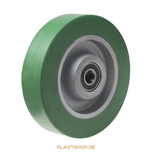 [P2006552] Wheel, wheel diameter 300 mm, hub in Gjutjärn with soft track in Elastiskt Polyuretan, grön färg. 1250 kg load capacity, dubbla ball bearings