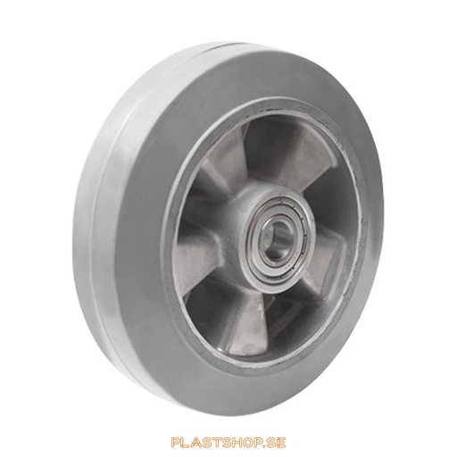 [P2006555] Wheel, wheel diameter 300 mm, hub in Aluminium with soft track in Elastiskt Gummi, gray color. 700 kg load capacity, dubbla ball bearings