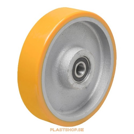[P2006560] Wheel, wheel diameter 400 mm, hub in Gjutjärn with soft track in Polyuretan, orange färg. 3100 kg load capacity, dubbla ball bearings