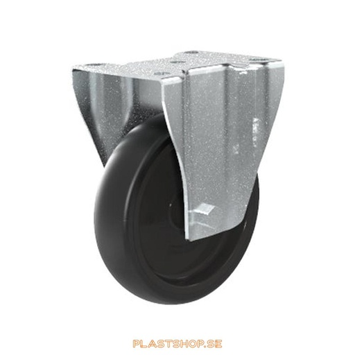 [P2005240] Fixed bracket, plate, wheel diameter 125 mm, building height 155 mm, hub in Polypropen (PP) with soft track in TPE, svart. 100 kg load capacity, slide bearings