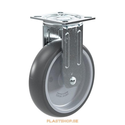[P2005241] Fixed bracket, plate, wheel diameter 125 mm, building height 160 mm, hub in Polypropen (PP) with soft track in TPE, grå. 70 kg load capacity, slide bearings