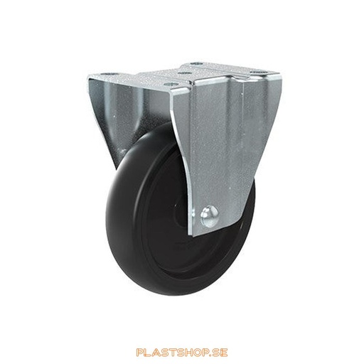 [P2005243] Fixed bracket, plate, wheel diameter 125 mm, building height 157 mm, hub in Polypropen (PP) with soft track in TPE, svart. 160 kg load capacity, slide bearings