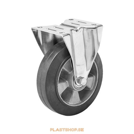 [P2005251] Fixed bracket, plate, wheel diameter 125 mm, building height 163 mm, hub in Aluminium with soft track in Elastiskt Gummi, svart. 270 kg load capacity, dubbla ball bearings