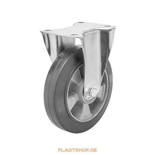 [P2005253] Fixed bracket, plate, wheel diameter 125 mm, building height 165,5 mm, hub in Aluminium with soft track in Elastiskt Gummi, svart. 270 kg load capacity, dubbla ball bearings