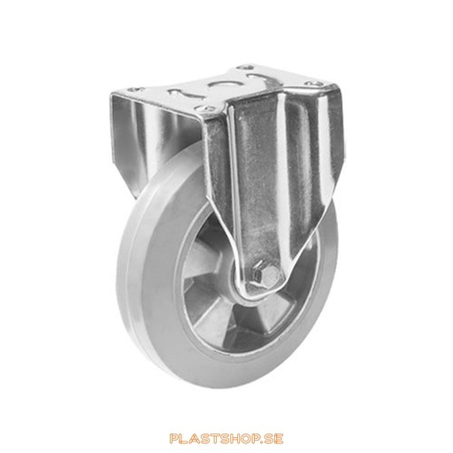 [P2005254] Fixed bracket, plate, wheel diameter 125 mm, building height 164 mm, hub in Aluminium with soft track in Elastiskt Gummi, grå. 270 kg load capacity, dubbla ball bearings