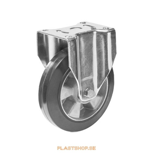 [P2005255] Fixed bracket, plate, wheel diameter 125 mm, building height 164 mm, hub in Aluminium with soft track in Elastiskt Gummi, svart. 270 kg load capacity, dubbla ball bearings