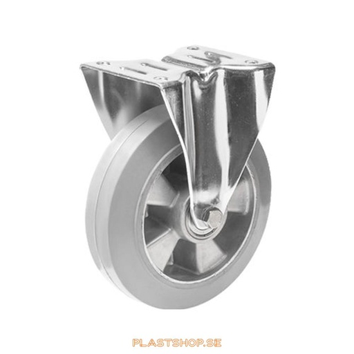 [P2005268] Fixed bracket, plate, wheel diameter 150 mm, building height 195 mm, hub in Aluminium with soft track in Elastiskt Gummi, grå. 300 kg load capacity, dubbla ball bearings